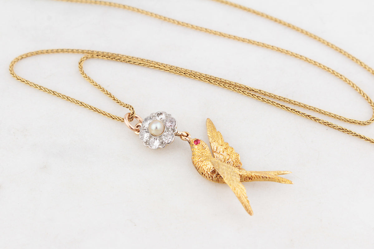 ANTIQUE DIAMOND, PEARL &amp; RUBY SWALLOW PENDANT 15 &amp; 18ct GOLD