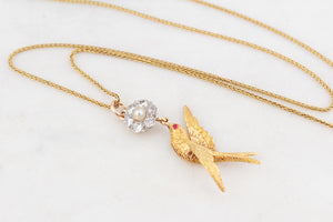 ANTIQUE DIAMOND, PEARL & RUBY SWALLOW PENDANT 15 & 18ct GOLD