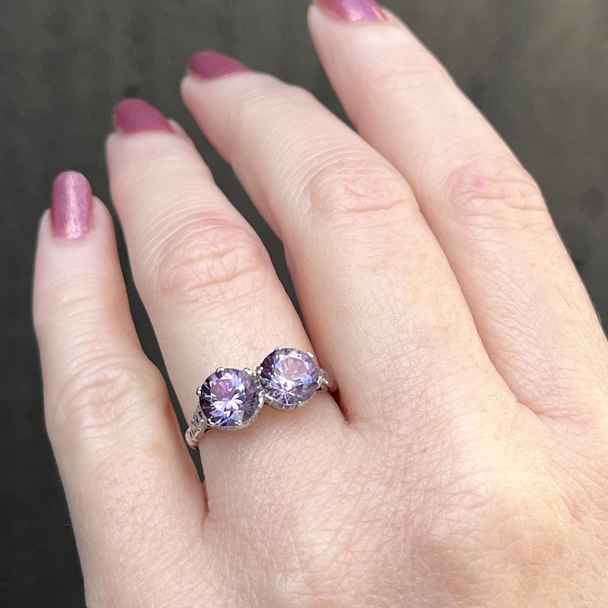 ART DECO c1930 AMETHYST &amp; WHITE SAPPHIRE TOI ET MOI RING 9ct WHITE GOLD