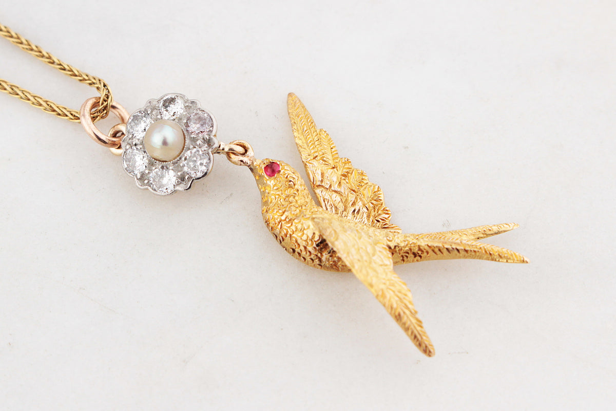 ANTIQUE DIAMOND, PEARL &amp; RUBY SWALLOW PENDANT 15 &amp; 18ct GOLD