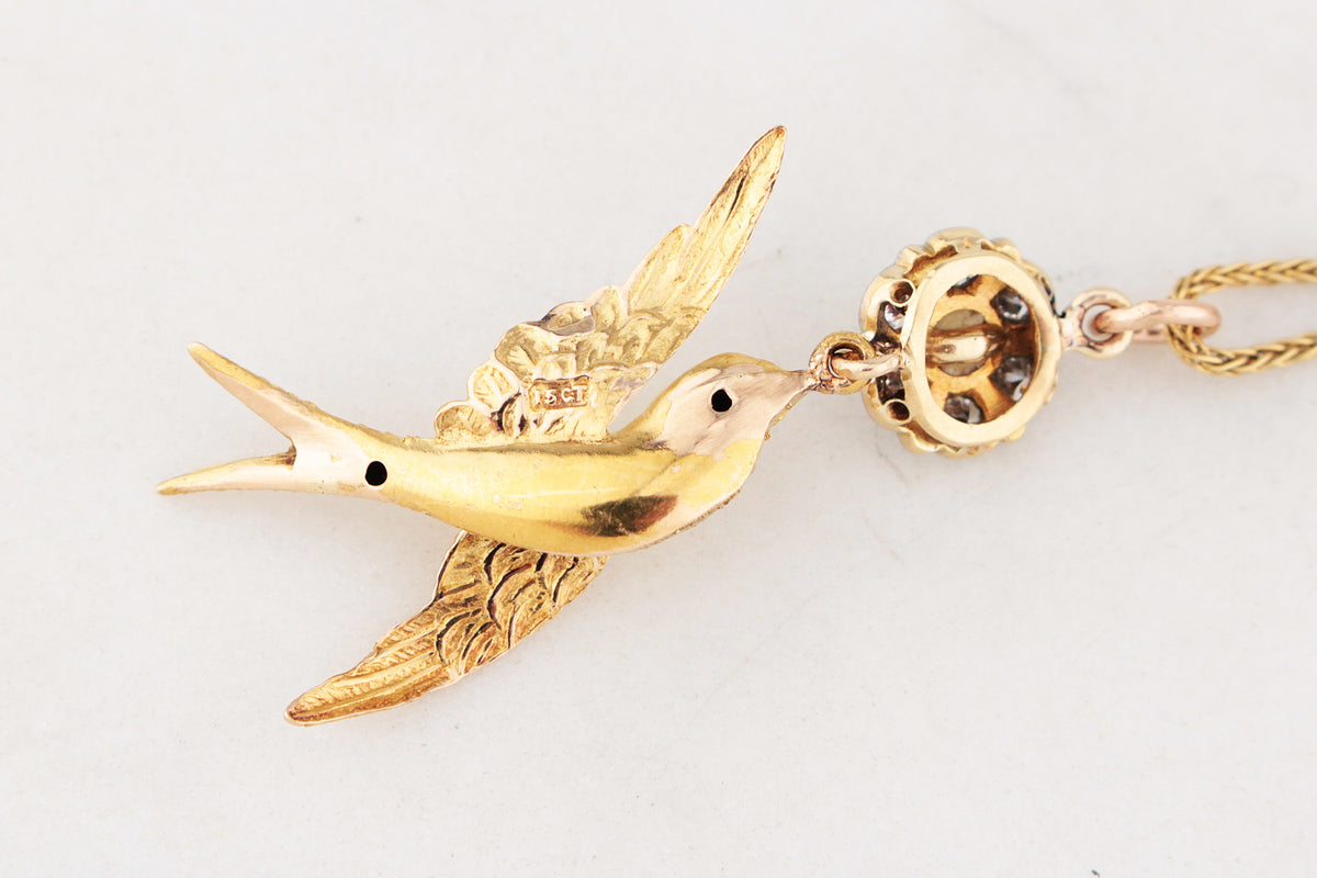 ANTIQUE DIAMOND, PEARL &amp; RUBY SWALLOW PENDANT 15 &amp; 18ct GOLD