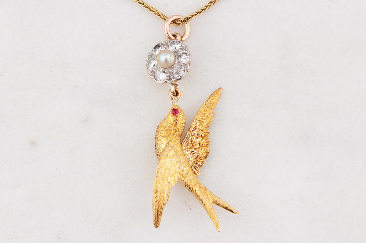 ANTIQUE DIAMOND, PEARL &amp; RUBY SWALLOW PENDANT 15 &amp; 18ct GOLD