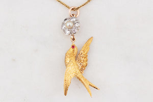 ANTIQUE DIAMOND, PEARL & RUBY SWALLOW PENDANT 15 & 18ct GOLD