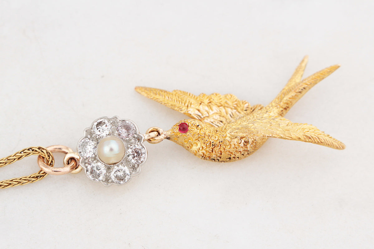 ANTIQUE DIAMOND, PEARL &amp; RUBY SWALLOW PENDANT 15 &amp; 18ct GOLD