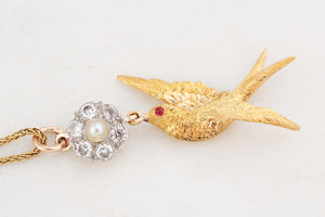 ANTIQUE DIAMOND, PEARL & RUBY SWALLOW PENDANT 15 & 18ct GOLD