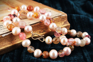 BESPOKE BLUSH PEARL & TOURMALINE IN QUARTZ NECKLACE 9ct GOLD
