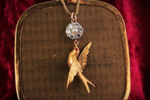 ANTIQUE DIAMOND, PEARL & RUBY SWALLOW PENDANT 15 & 18ct GOLD