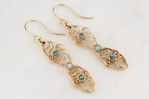 ANTIQUE EDWARDIAN AQUAMARINE & OPAL EARRINGS 15ct GOLD