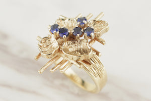 VINTAGE MID CENTURY c1960 BRUTALIST SAPPHIRE RING 9ct YELLOW GOLD