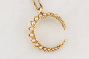 ANTIQUE EDWARDIAN SEED PEARL CRESCENT MOON PENDANT 15ct GOLD