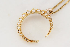 ANTIQUE EDWARDIAN SEED PEARL CRESCENT MOON PENDANT 15ct GOLD