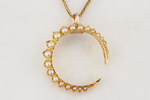 ANTIQUE EDWARDIAN SEED PEARL CRESCENT MOON PENDANT 15ct GOLD