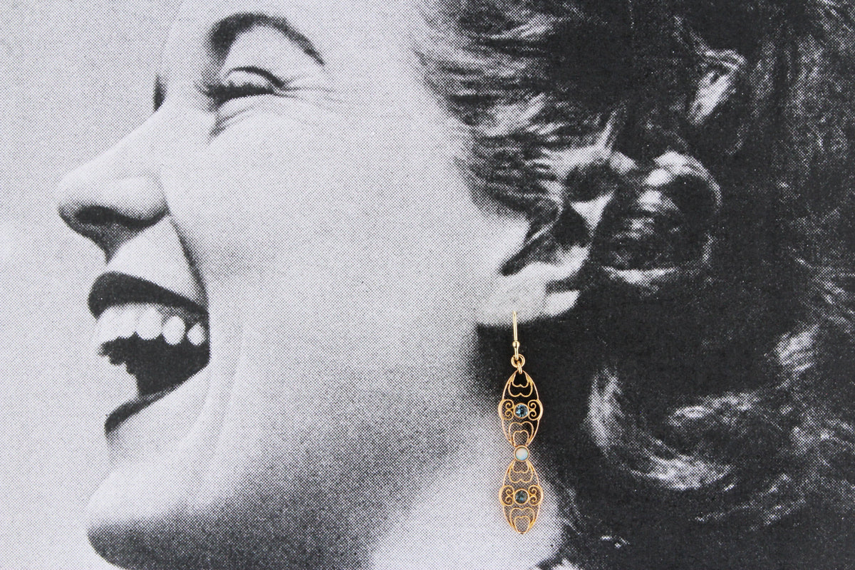 ANTIQUE EDWARDIAN AQUAMARINE & OPAL EARRINGS 15ct GOLD