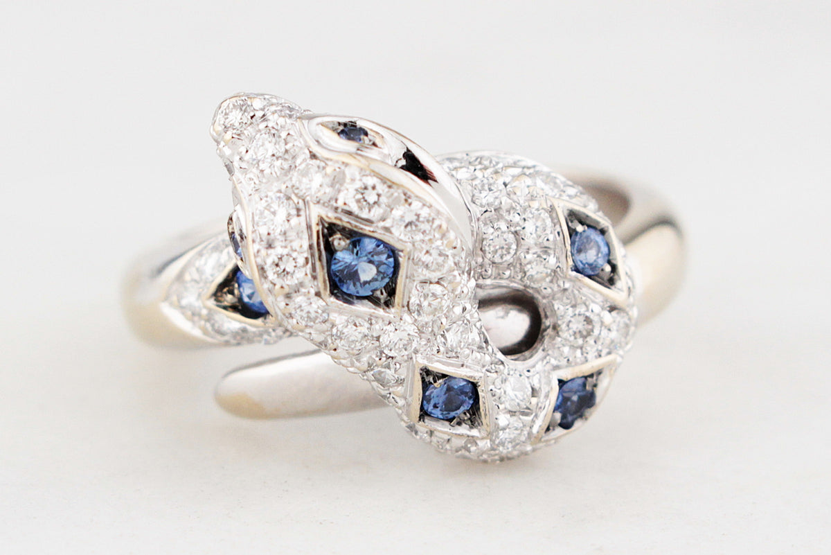 ITALIAN DESIGNER CEYLON SAPPHIRE & DIAMOND SERPENT RING 18ct GOLD