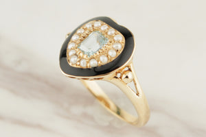 MODERN TOPAZ SEED PEARL & ENAMEL HEART RING 9ct YELLOW GOLD