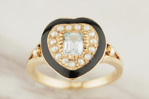 MODERN TOPAZ SEED PEARL & ENAMEL HEART RING 9ct YELLOW GOLD