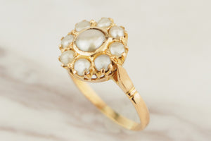 ANTIQUE EDWARDIAN NATURAL PEARL CLUSTER RING 18ct YELLOW GOLD