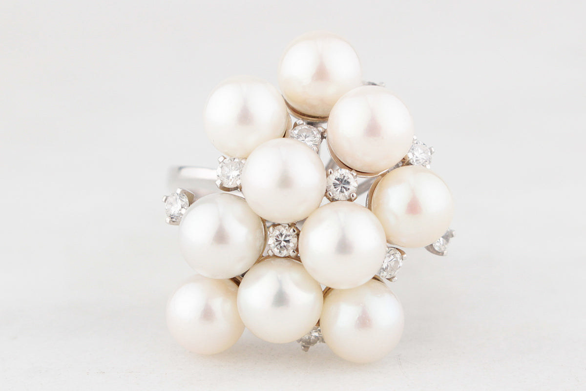 VINTAGE c1950/60 PEARL & DIAMOND COCKTAIL RING 18ct GOLD