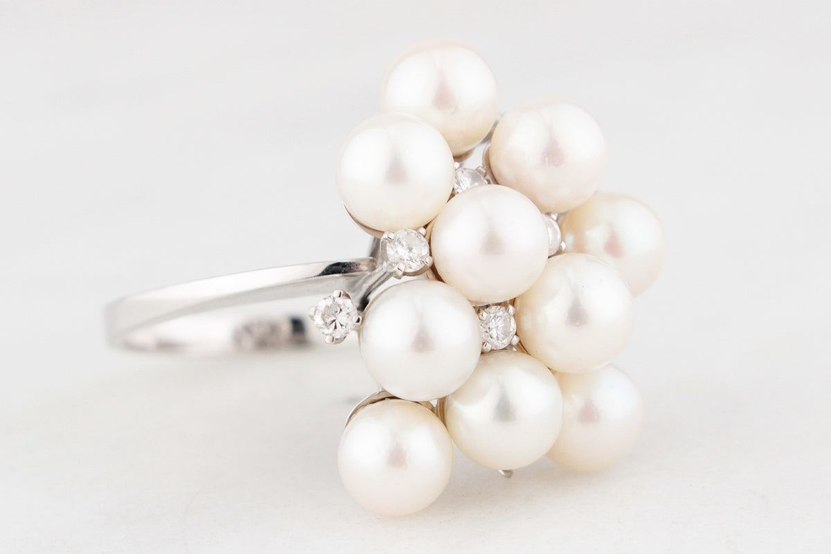 VINTAGE c1950/60 PEARL & DIAMOND COCKTAIL RING 18ct GOLD