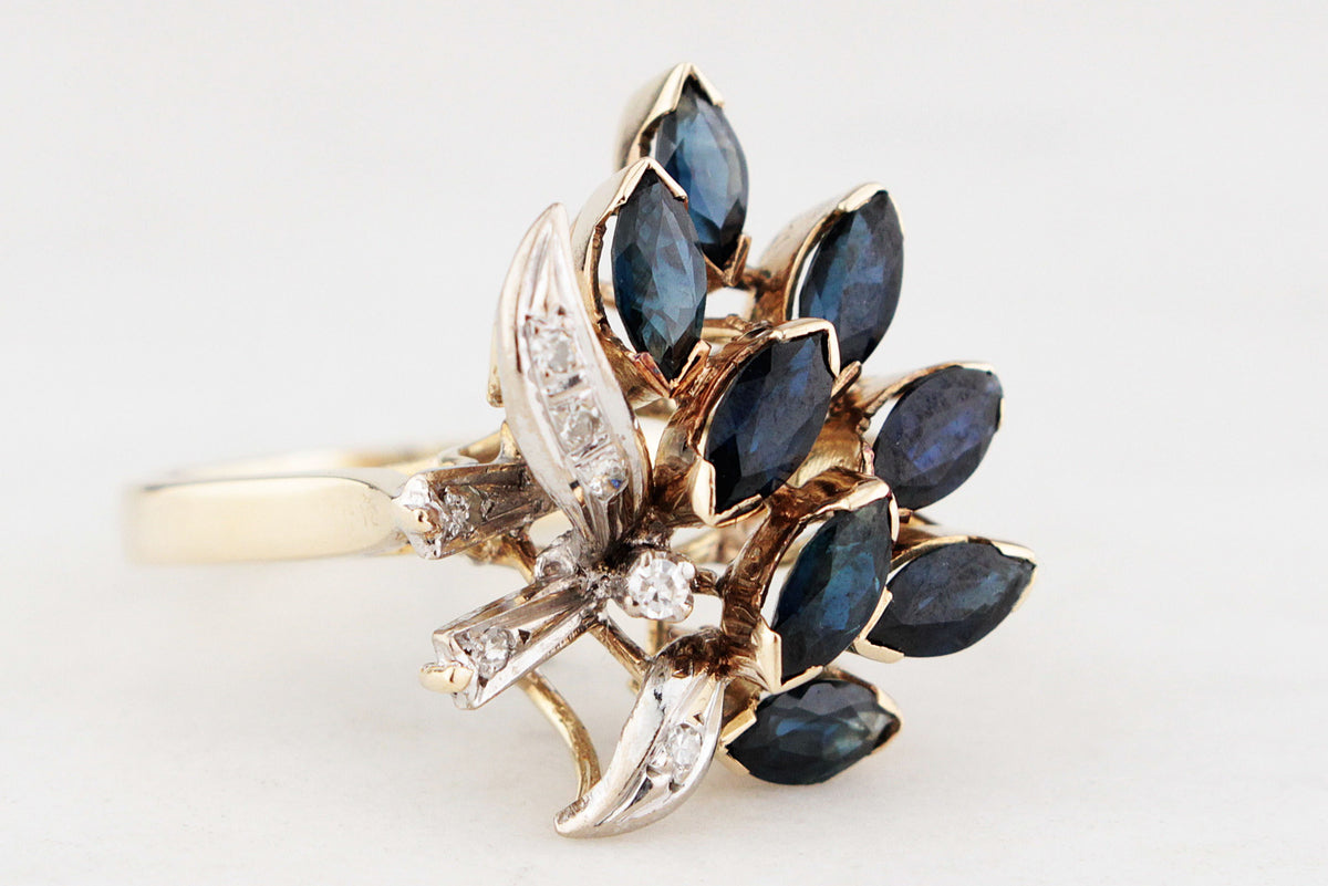 VINTAGE c1940/50 SAPPHIRE & DIAMOND COCKTAIL RING 14ct GOLD