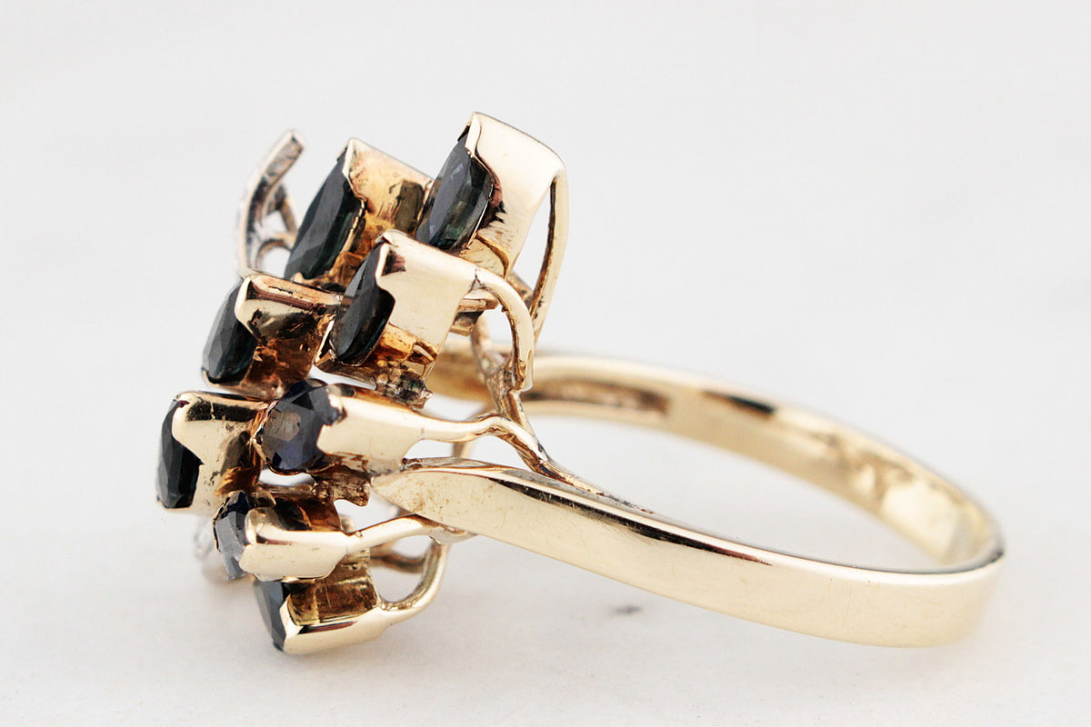 VINTAGE c1940/50 SAPPHIRE & DIAMOND COCKTAIL RING 14ct GOLD