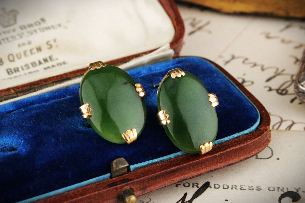 ANTIQUE EDWARDIAN NEPHRITE JADE EARRINGS 9ct GOLD