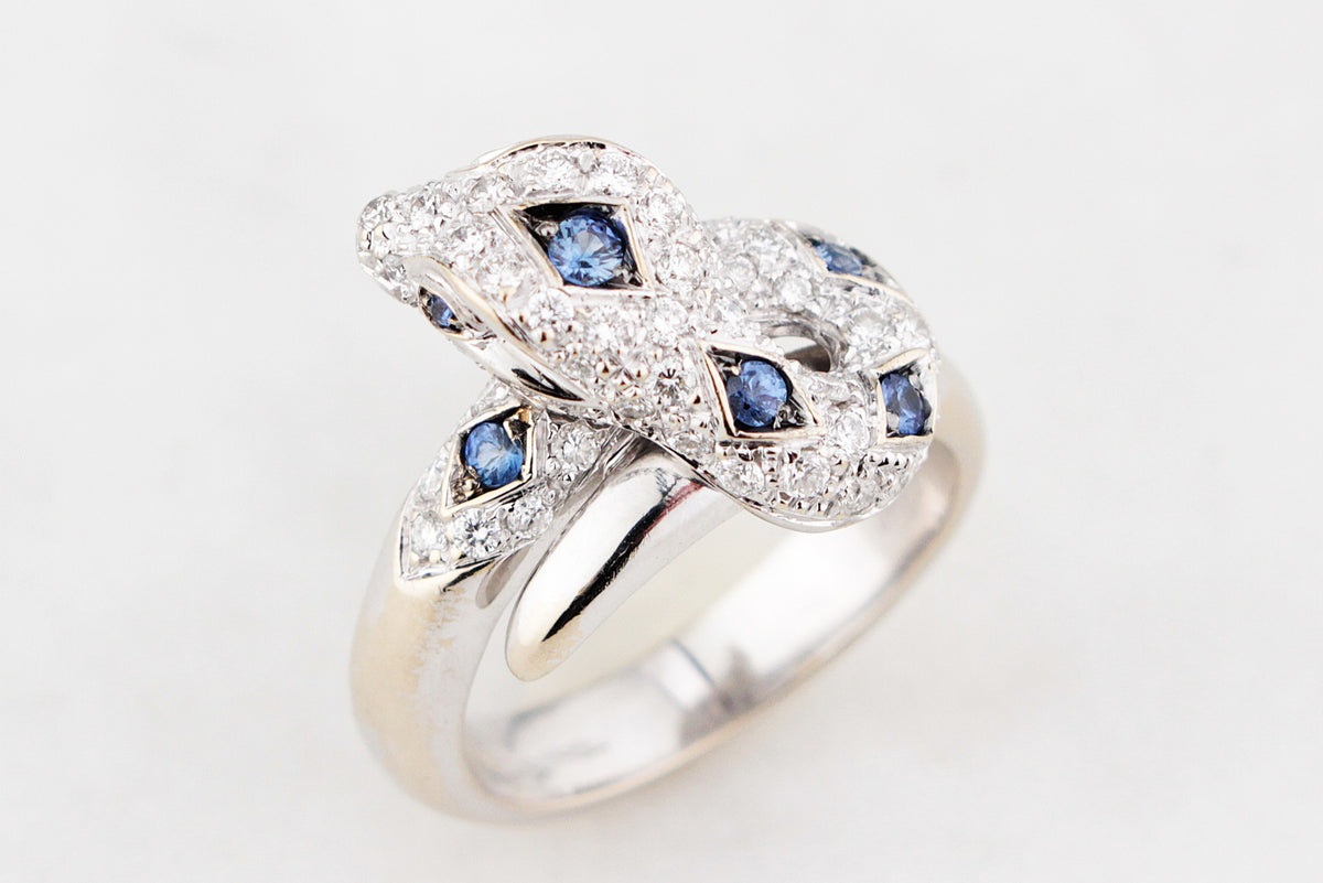 ITALIAN DESIGNER CEYLON SAPPHIRE & DIAMOND SERPENT RING 18ct GOLD