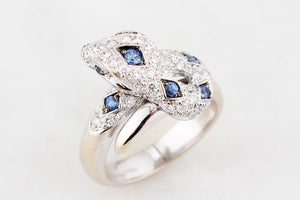 ITALIAN DESIGNER CEYLON SAPPHIRE & DIAMOND SERPENT RING 18ct GOLD