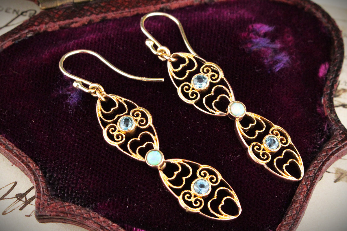 ANTIQUE EDWARDIAN AQUAMARINE & OPAL EARRINGS 15ct GOLD