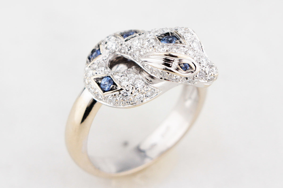 ITALIAN DESIGNER CEYLON SAPPHIRE & DIAMOND SERPENT RING 18ct GOLD