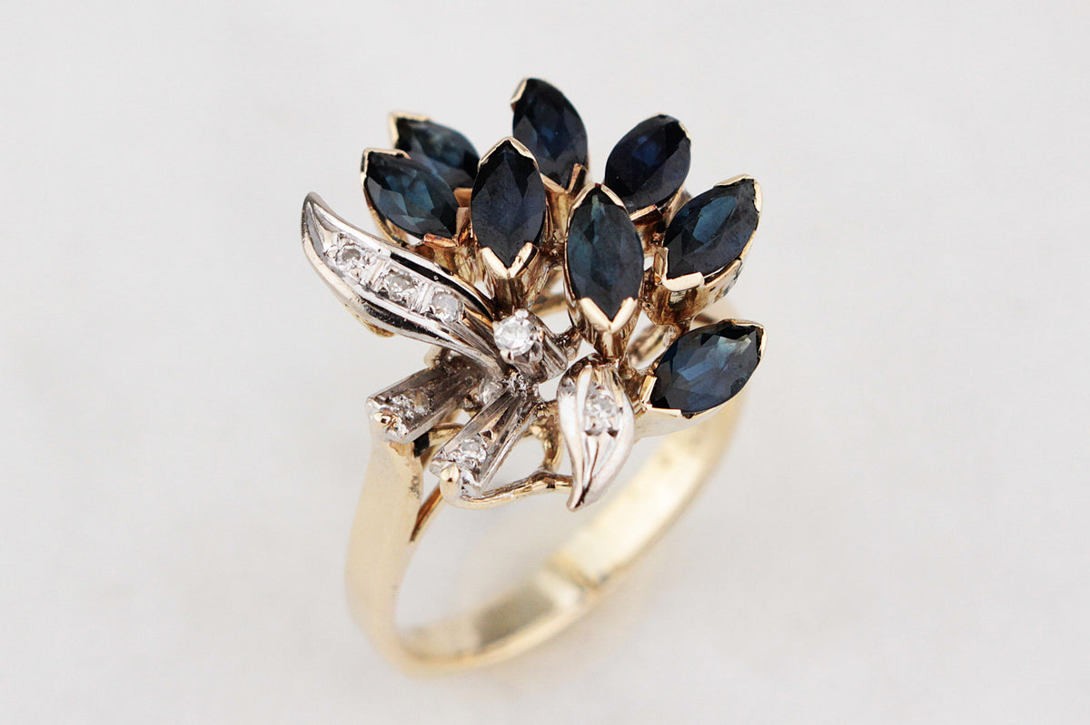 VINTAGE c1940/50 SAPPHIRE & DIAMOND COCKTAIL RING 14ct GOLD