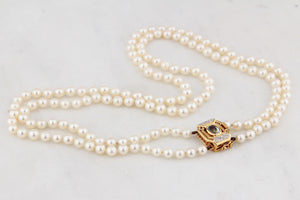 VINTAGE DOUBLE STRAND PEARLS TOPAZ & DIAMOND CLASP 18ct GOLD