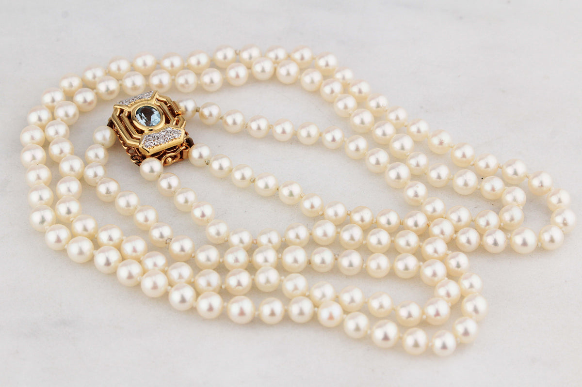 VINTAGE DOUBLE STRAND PEARLS TOPAZ & DIAMOND CLASP 18ct GOLD