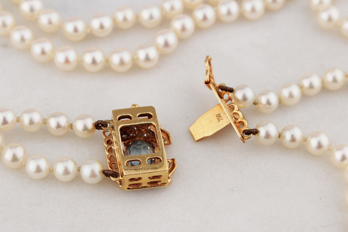 VINTAGE DOUBLE STRAND PEARLS TOPAZ & DIAMOND CLASP 18ct GOLD