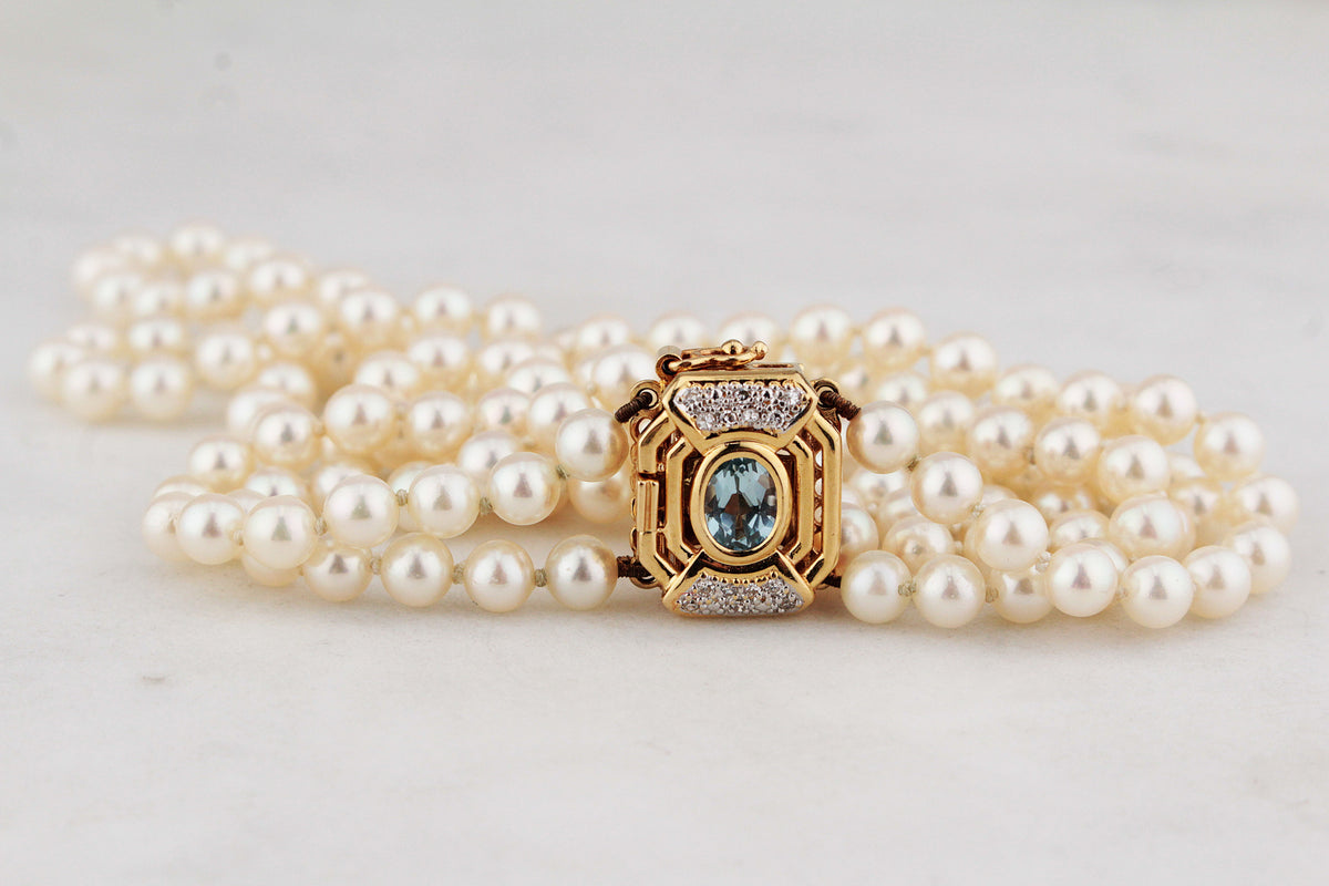 VINTAGE DOUBLE STRAND PEARLS TOPAZ & DIAMOND CLASP 18ct GOLD
