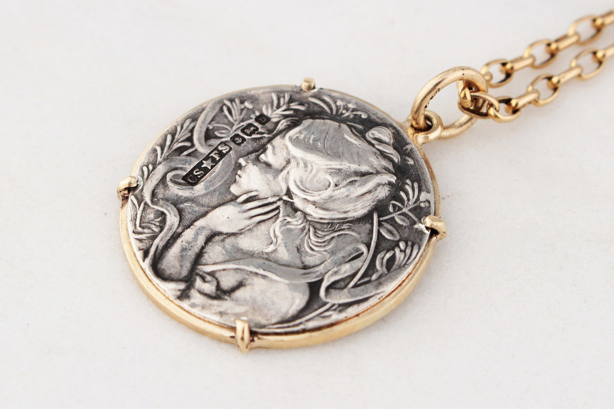 ANTIQUE ART NOUVEAU 1901 SILVER &amp; GOLD PENDANT