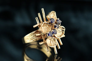 VINTAGE MID CENTURY c1960 BRUTALIST SAPPHIRE RING 9ct YELLOW GOLD