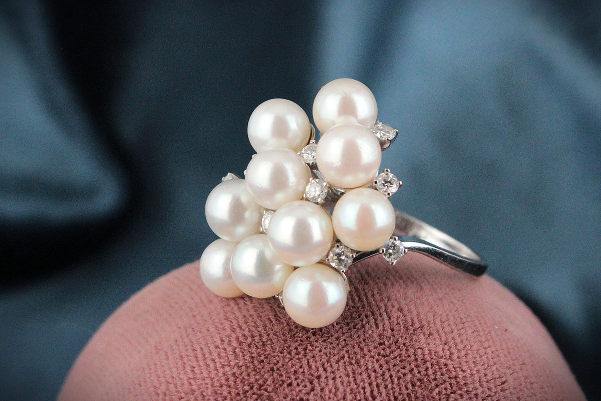 VINTAGE c1950/60 PEARL & DIAMOND COCKTAIL RING 18ct GOLD