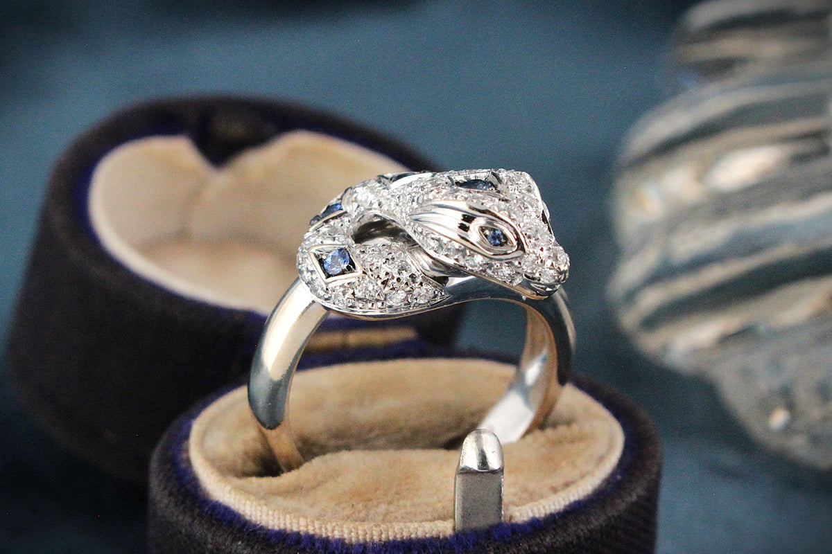 ITALIAN DESIGNER CEYLON SAPPHIRE & DIAMOND SERPENT RING 18ct GOLD