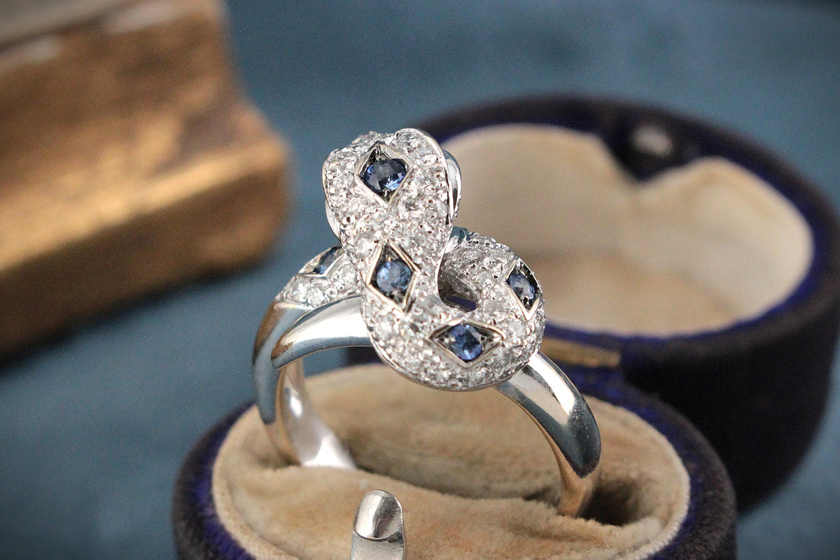 ITALIAN DESIGNER CEYLON SAPPHIRE & DIAMOND SERPENT RING 18ct GOLD