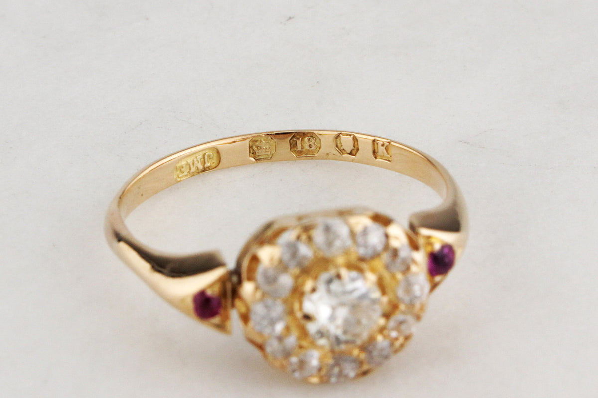 VICTORIAN 1885 DIAMOND &amp; RUBY CLUSTER RING 18ct GOLD