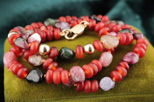 BESPOKE RED AGATE & TOURMALINE NECKLACE 9ct GOLD