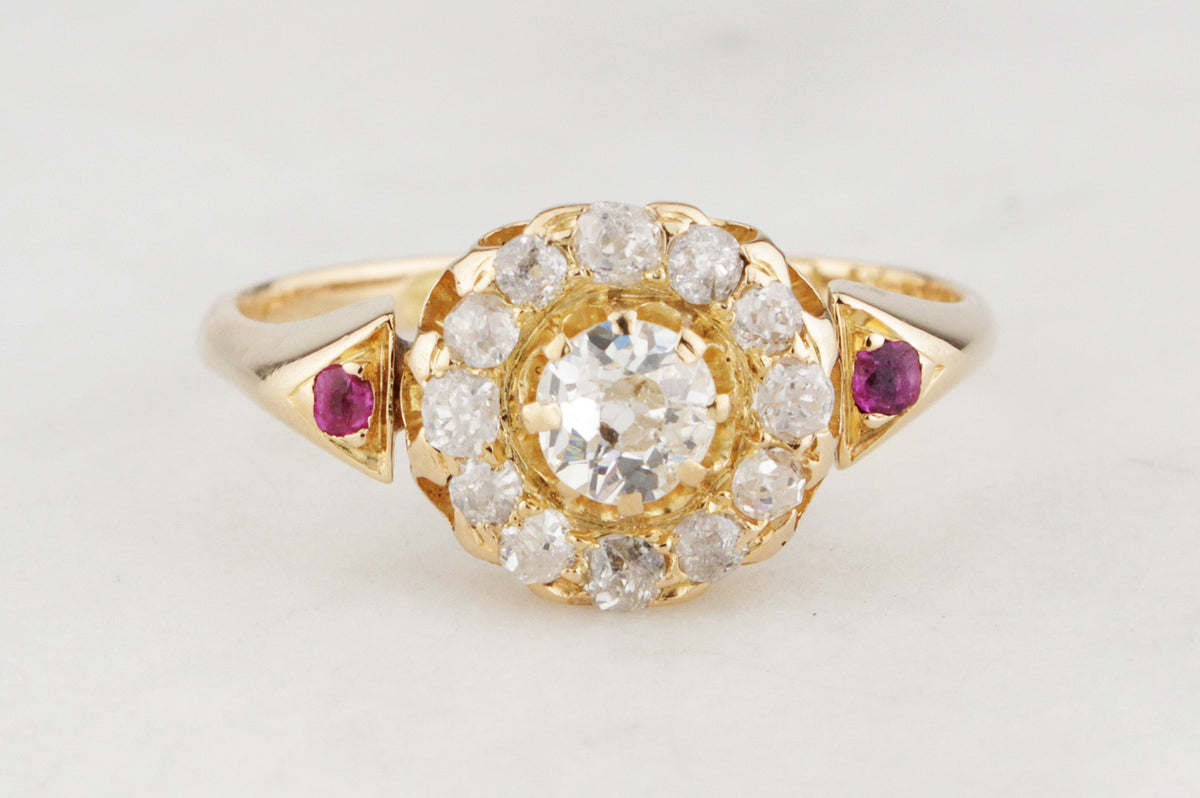VICTORIAN 1885 DIAMOND &amp; RUBY CLUSTER RING 18ct GOLD