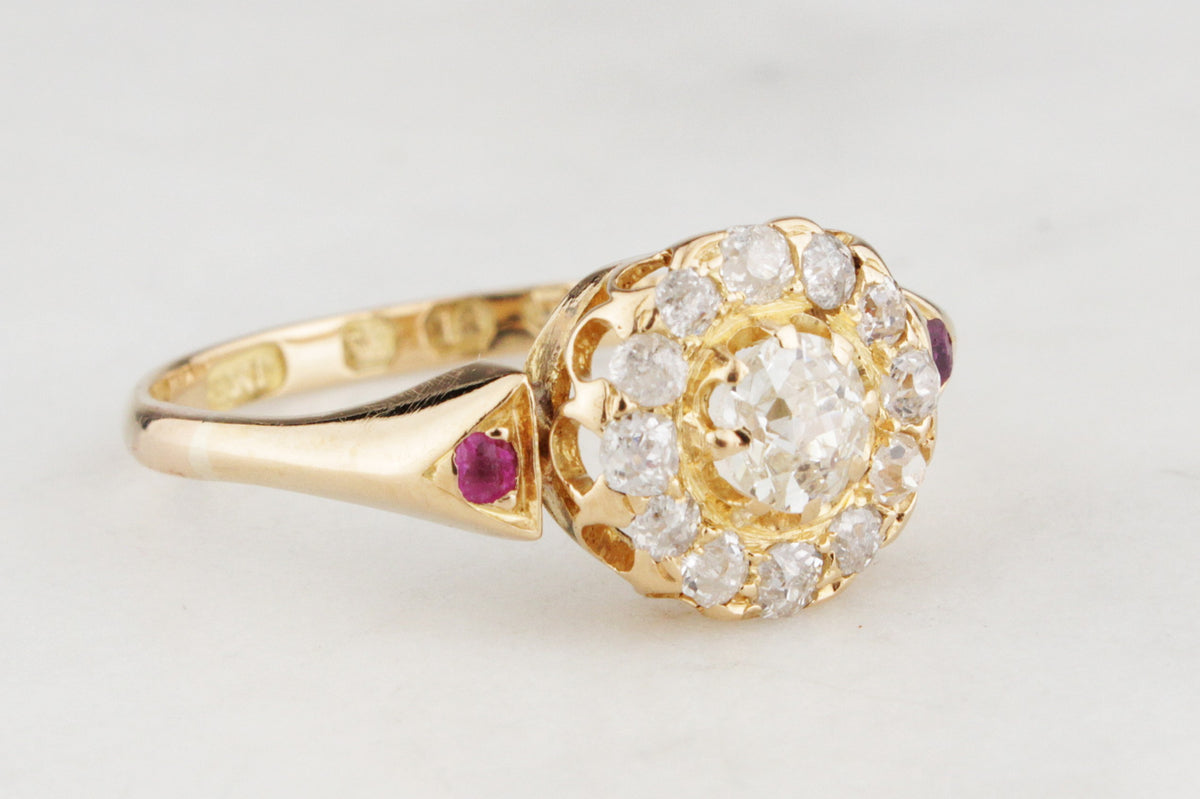 VICTORIAN 1885 DIAMOND &amp; RUBY CLUSTER RING 18ct GOLD