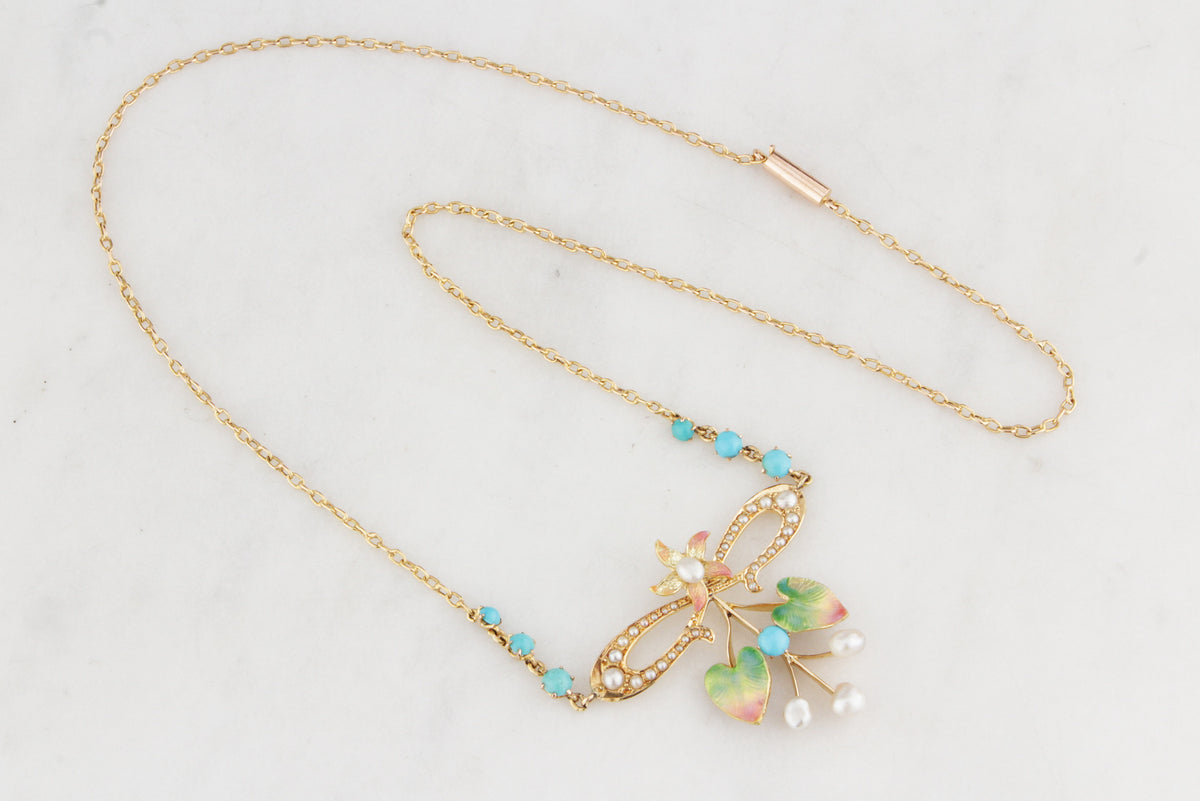 ART NOUVEAU TURQUOISE PEARL &amp; ENAMEL NECKLACE 15ct GOLD