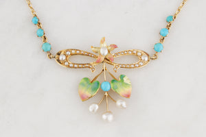 ART NOUVEAU TURQUOISE PEARL & ENAMEL NECKLACE 15ct GOLD