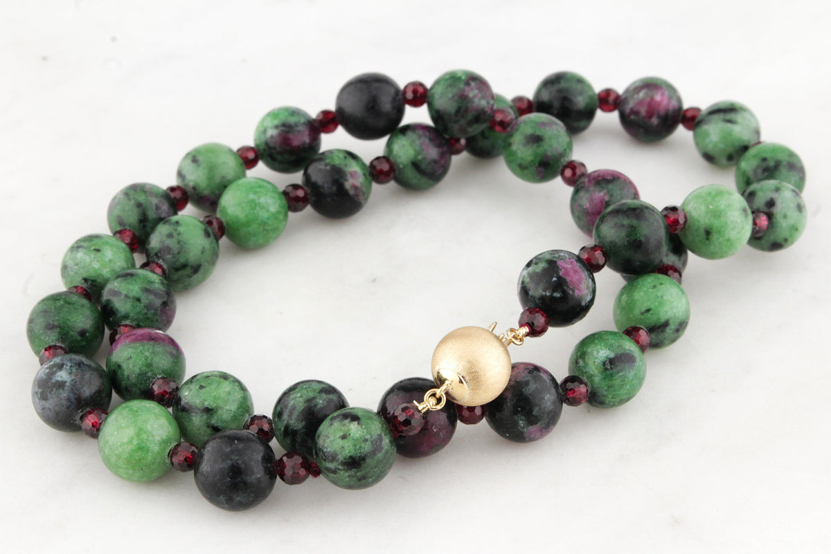 RUBY ZOISITE &amp; FACETED GARNET NECKLACE 14ct GOLD