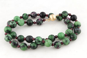 RUBY ZOISITE & FACETED GARNET NECKLACE 14ct GOLD