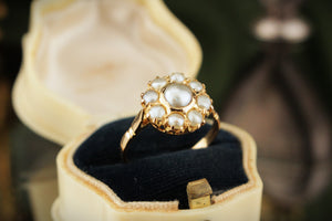 ANTIQUE EDWARDIAN NATURAL PEARL CLUSTER RING 18ct YELLOW GOLD