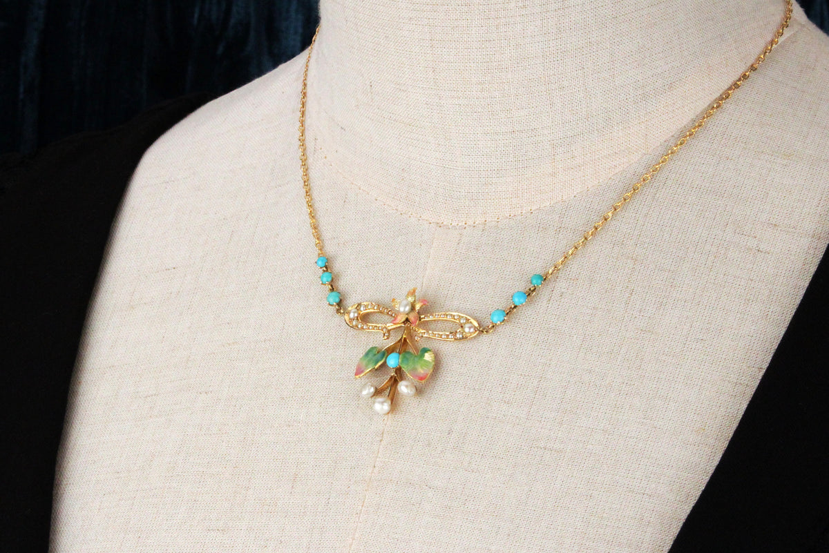 ART NOUVEAU TURQUOISE PEARL &amp; ENAMEL NECKLACE 15ct GOLD